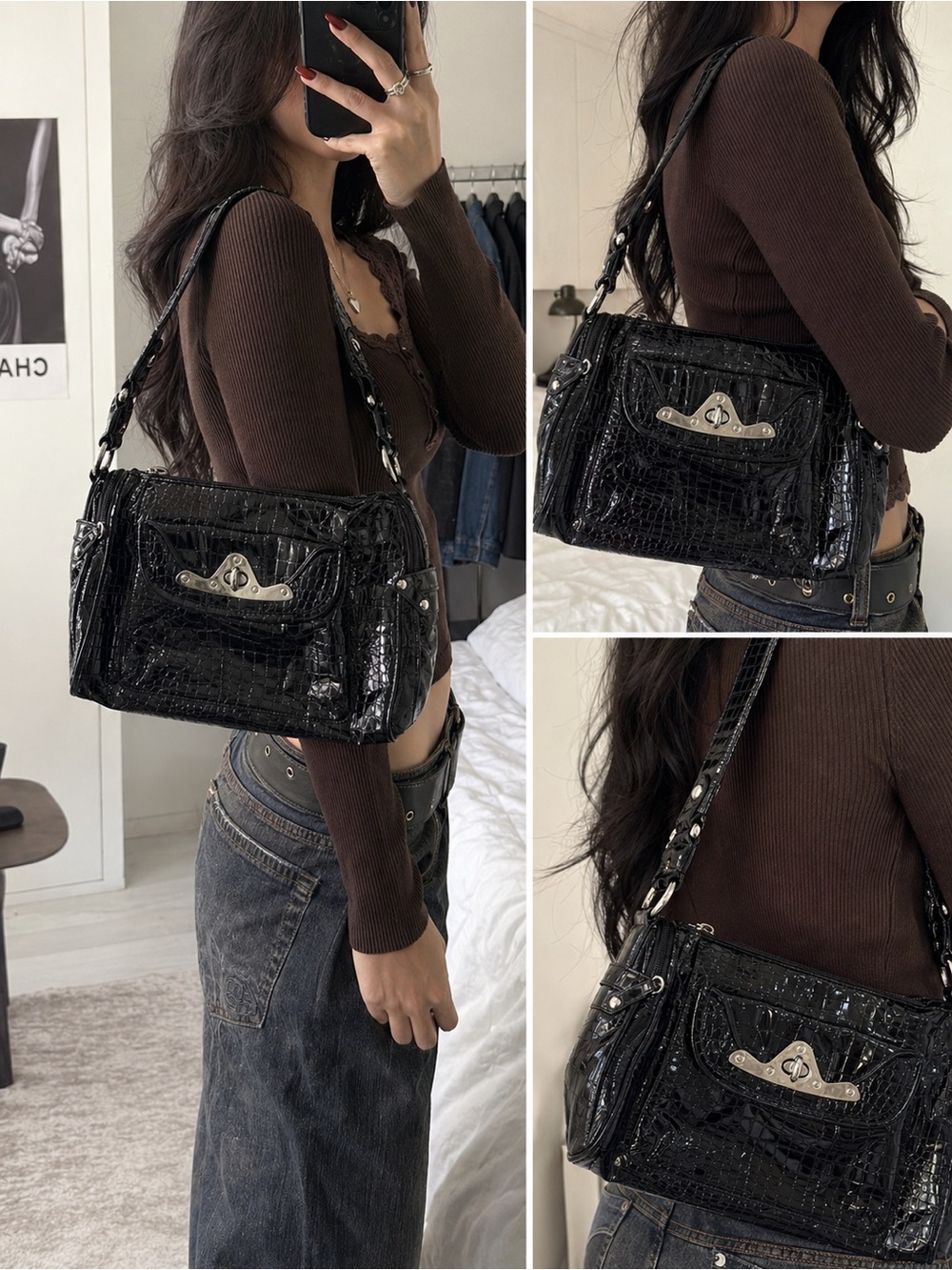 Vanity Black Croc-Embossed Shoulder Bag with Silver-Tone Accent